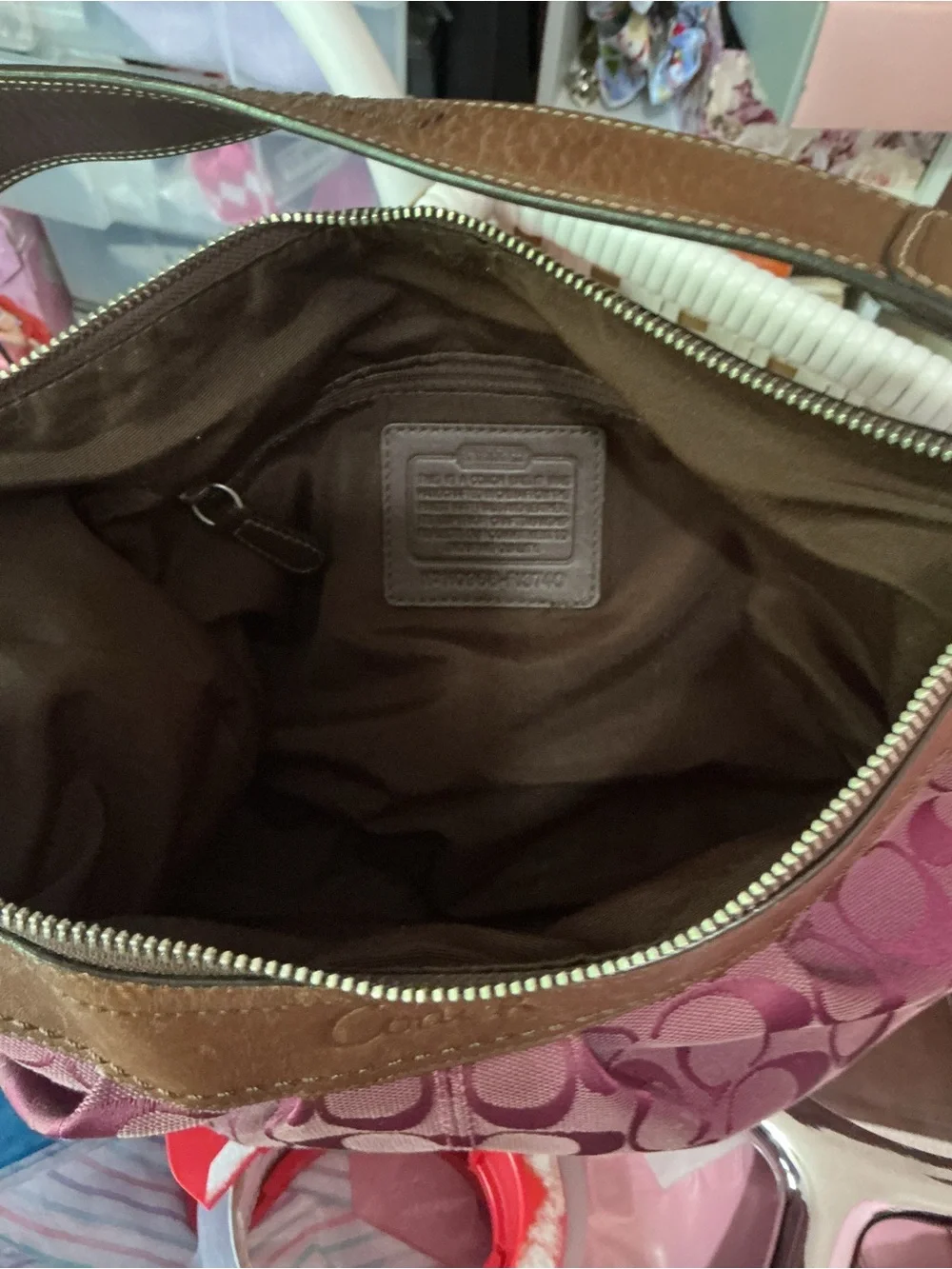 Coach Plum Signature Hobo with Brown Trim and Floral Charm